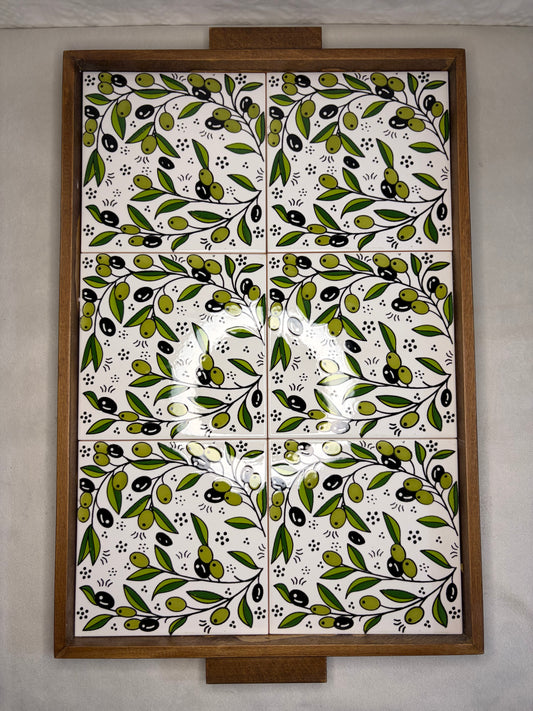 handgefertigte Servierplatte aus Olivenholz und Keramik Kunsthandwerks Boden 50x32 cm