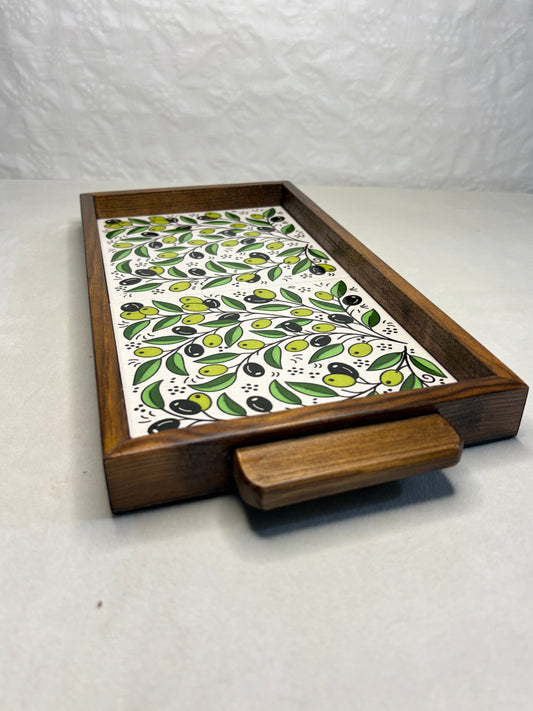 handgefertigte Servierplatte aus Olivenholz und Keramik Kunsthandwerks Boden 31 cm x 17 cm