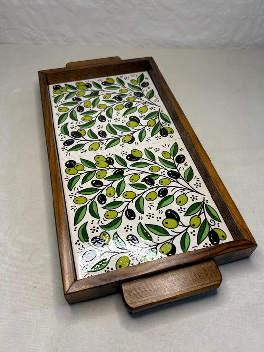 handgefertigte Servierplatte aus Olivenholz und Keramik Kunsthandwerks Boden 31 cm x 17 cm